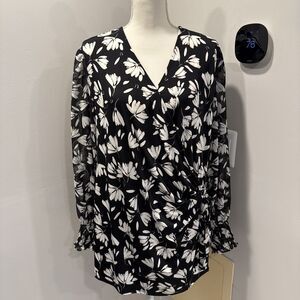 Anne Klein Chic office black white Floral Wrap Blouse Top Size 2x NEW